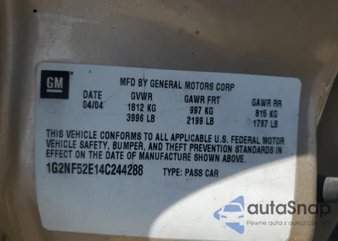 2004 Pontiac Grand Am Se1 из США, поврежденный, VIN 1G2NF52E14C244288